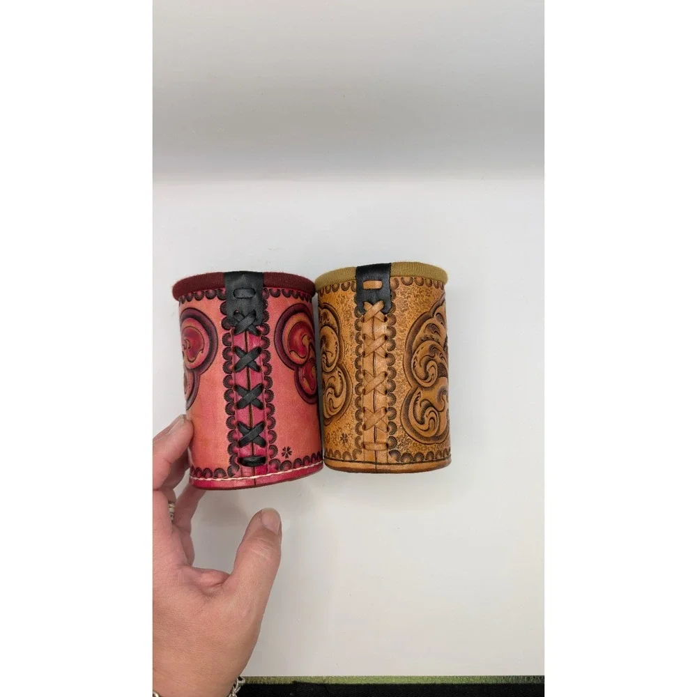Vintage Hand Tooled Leather Can Koozies Set of 2 Western Floral Drink Cozies